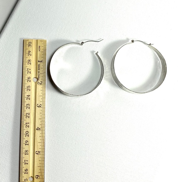 Large Silver wide hoop pierced earrings - Picture 2 of 2